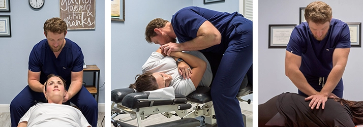 3 photos of Adam Roussel performing adjustments.