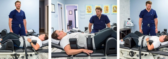 3 photos of Adam Roussel performing spinal decompression.