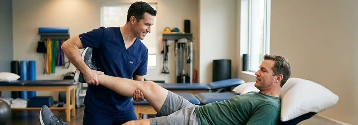 Physical therapist stretching a patient's leg during a treatment session